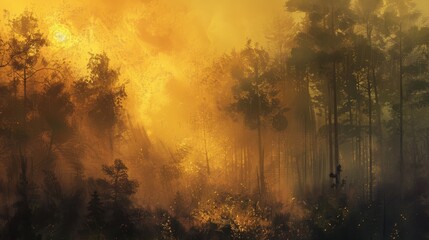 Naklejka premium Forest shrouded in morning mist, sunrise casting a golden glow, atmospheric and quiet
