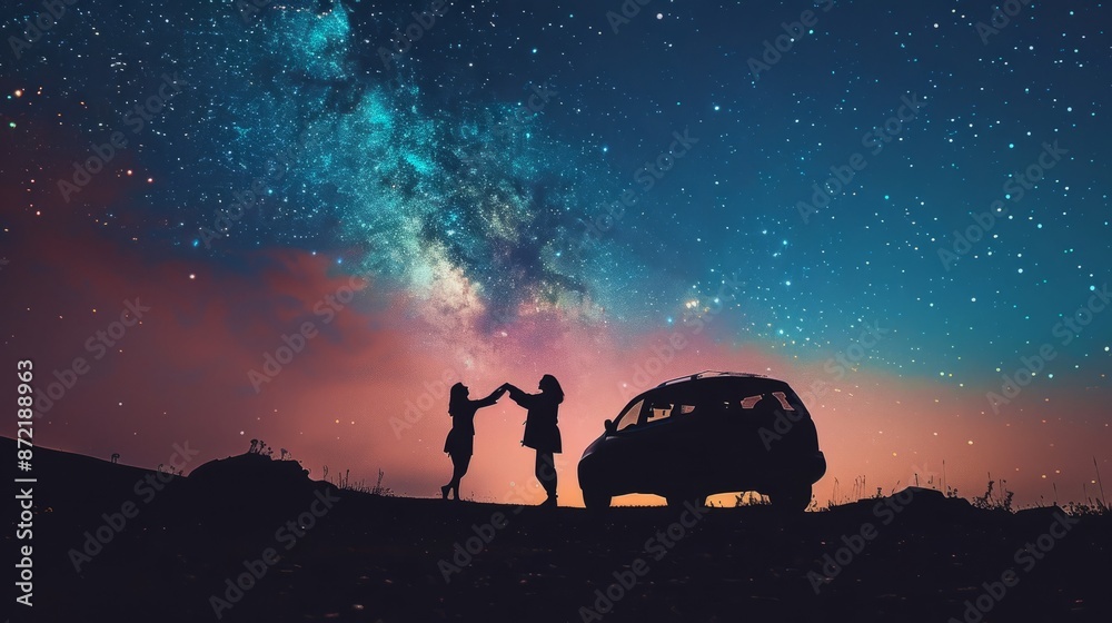 Wall mural artistic silhouette of a couple dancing beside their car under the stars