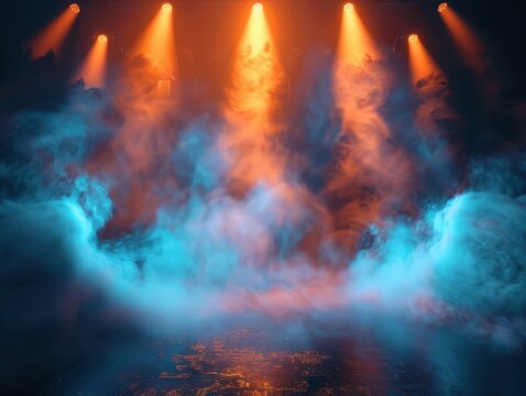 Stage and blue and orange smoke night lightning in fog searchlight beams, Generative AI