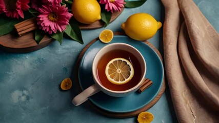 Top view of cup of tea with lemon slice and cinnamon on saucer and marmelads on cutting board with flowers and leaves with cloth on blue background - Powered by Adobe