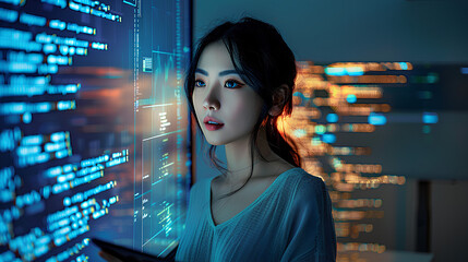 asian woman programmer standing in front of a screen with code projected presentation the integration of technology and human expertise in software development