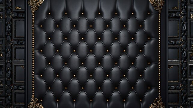 Elegant black tufted leather with ornate golden accents background