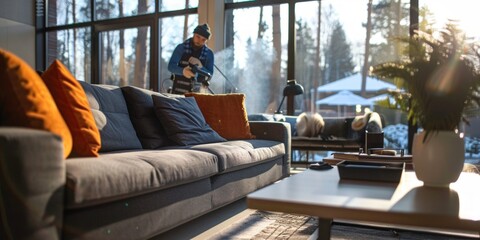 Cozy Living Room with a View of a Snowy Landscape