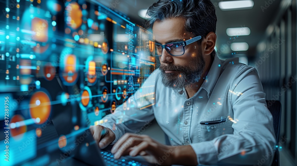 Poster man working on laptop with digital data displayed in front of him