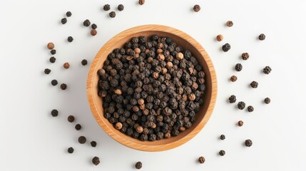 Flat lay of black peppercorns in a wooden bowl on a white background