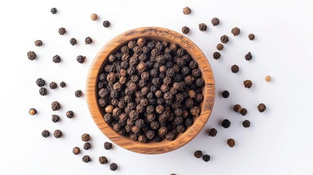 Flat lay of black peppercorns in a wooden bowl on a white background
