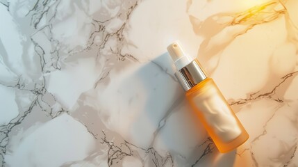 Sunscreen pump bottle on a marble surface, protect every day, cosmeticinfused facial sunscreen, flawless finish