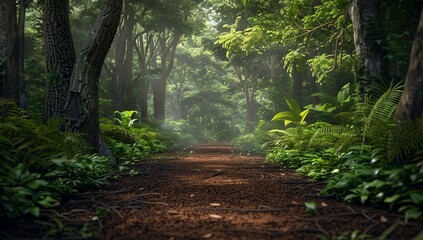 Fototapeta premium Forest Pathway to Solitude: Embracing Nature’s Embrace Amidst Tall Trees and Lush Foliage