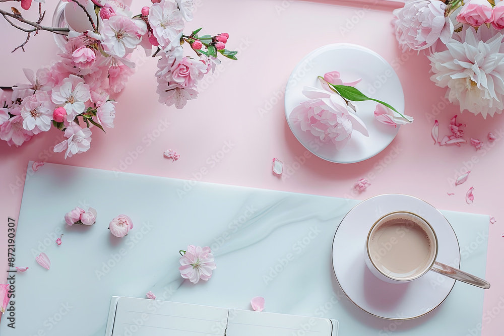 Wall mural flat lay table with a white plate and a cup of coffee, flowers