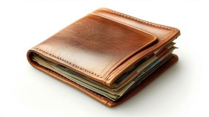 A brown leather wallet filled with banknotes