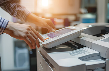 Hand use copier or photocopier or photocopy machine office equipment workplace for scanner or scanning document or printer for printing paperwork hard copy duplicate Xerox service maintenance repair