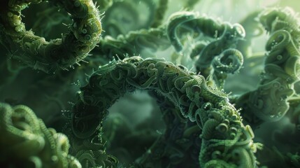 Close-Up of Spirulina Cyanobacteria with Glossy Green Texture - Detailed macro shot of spirulina cyanobacteria showcasing intricate glossy green texture and patterns. Ideal for nature and science them