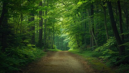 Obraz premium Forest Pathway to Solitude: Embracing Nature’s Embrace Amidst Tall Trees and Lush Foliage