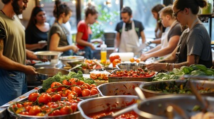 Energetic Cooking Class with Diverse Participants Preparing Tomato-Based Dishes Together