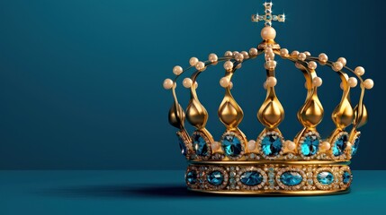 Golden crown adorned with jewels and pearls on a blue background.