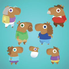 Cute capybara family set. Funny amusing capibara dad, mom, son, daughter, baby, grandpa, grandma. Adorable animals. Cartoon flat vector illustration on flat green background