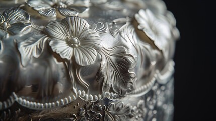 The intricate design of a vintageinspired pastry tip with floral engravings on its sleek silver surface.