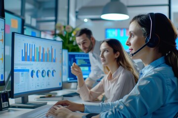 Dynamic Customer Service Team Discussing Data and Strategies in a Modern Call Center
