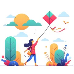 Fototapeta premium A playful girl flying a kite at park in sunshine day, in flat cartoon style, graphic illustration image generative ai