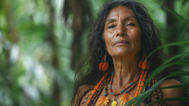 Portrait of old indigenous woman shaman, old woman belonging to indigenous ethnic group of the South American Amazon. Portrait of an indigenous face with its typical ornaments