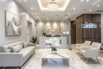 Modern Reception Area of High-End Aesthetic Clinic Featuring RF Lifting Services and Contemporary Design