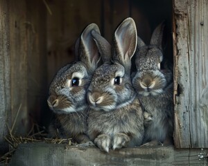 Three adorable bunnies peeking out of their hutch. AI.