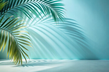 Blurred Shadow from Palm Leaves on Light Blue Wall: Minimal Abstract Background for Product Presentation, Spring and Summer