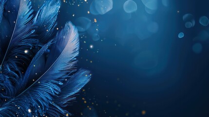 Obraz premium Elegant blue feathers with golden sparkles and bokeh effects