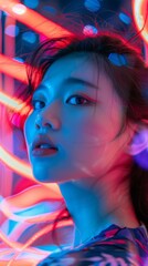 Fototapeta premium Asian girl with neon light trails around her, symbolizing modernity and energy.