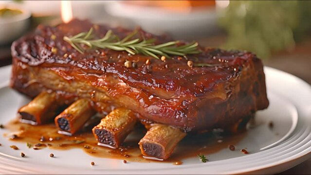 macro closeup of cooked brown meat with a fatty texture on a white platter with a roasted bone in beef short ribs. No one is in there.