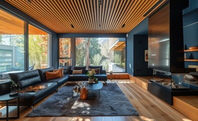 Modern living room interior with large windows, wooden ceiling, and stylish furniture. AI.