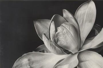 Black and white photography of plants. Leaves, petals. Magnolia on a black background.