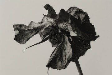 Black and white photography of plants. Leaves, petals. on a white background. Dried open bud
