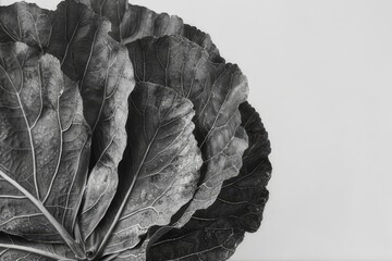 Black and white photography of plants. Leaves, petals. on a white background. Burdock leaves.