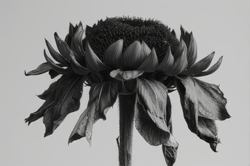 Black and white photography of plants. Leaves, petals. Sunflower on a white background.