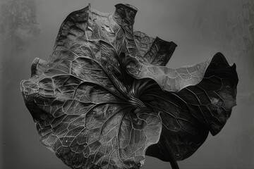 Black and white photography of plants. Leaves, petals. on a black background.
