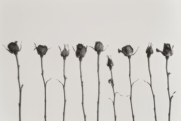 Black and white photography of plants. Leaves, petals. Roses on a white background.