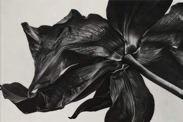 Black and white photography of plants. Leaves, petals. on a white background. tulip bud