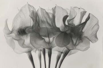 Black and white photography of plants. Leaves, petals. on a white background. Bouquet 