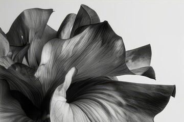 Black and white photography of plants. Leaves, petals. on a white background.