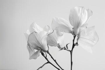 Black and white photography of plants. Leaves, petals. on a white background. White bloom