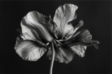 Black and white photography of plants. Leaves, petals. on a black background. Tulip flower
