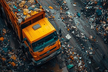 Yellow dump truck is driving through a pile of trash top view