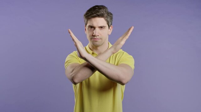 No, never, 30s handsome man rejecting gesture stop crossing hands. Ban, timeout.
