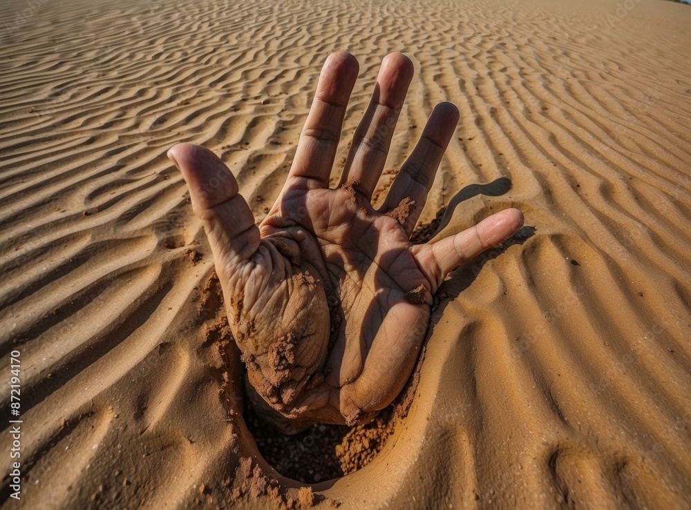 Poster A hand reaching out of the sand. AI.