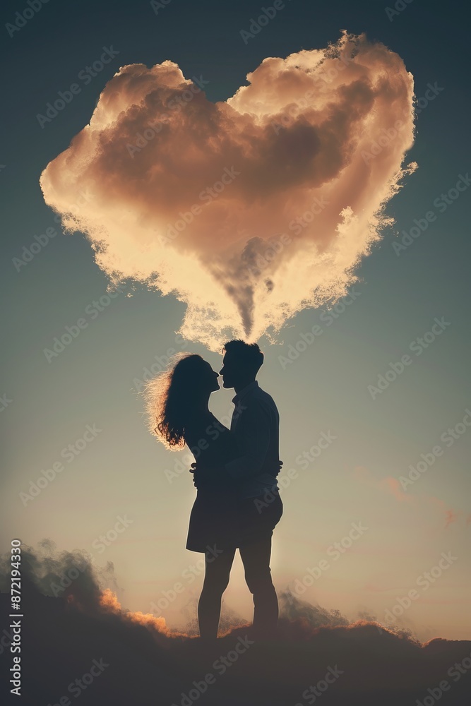 Wall mural couple's silhouette hugging under a heart-shaped cloud