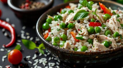 French cuisine. Chicken salad with rice, green peas. 