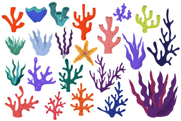 Ocean or sea coral reefs and seaweed collection isolated on white background.