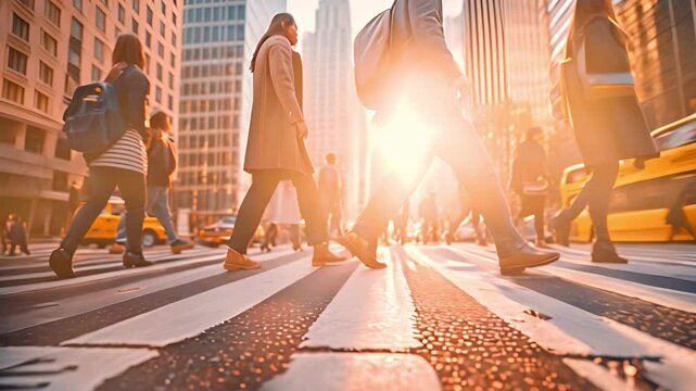 crowded streets in a metropolitan commercial district during rush hour. Melting pot pedestrians at a zebra crossing, and before dusk, heavy traffic.