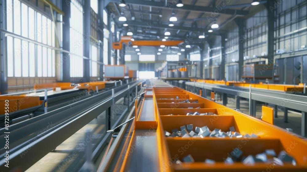 Poster a close-up view of an industrial conveyor system in a factory setting. the conveyor belts are lined 